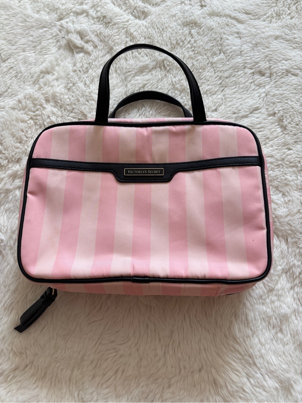 Victoria's Secret Pink and Black Striped Makeup Bag pouch train Case
